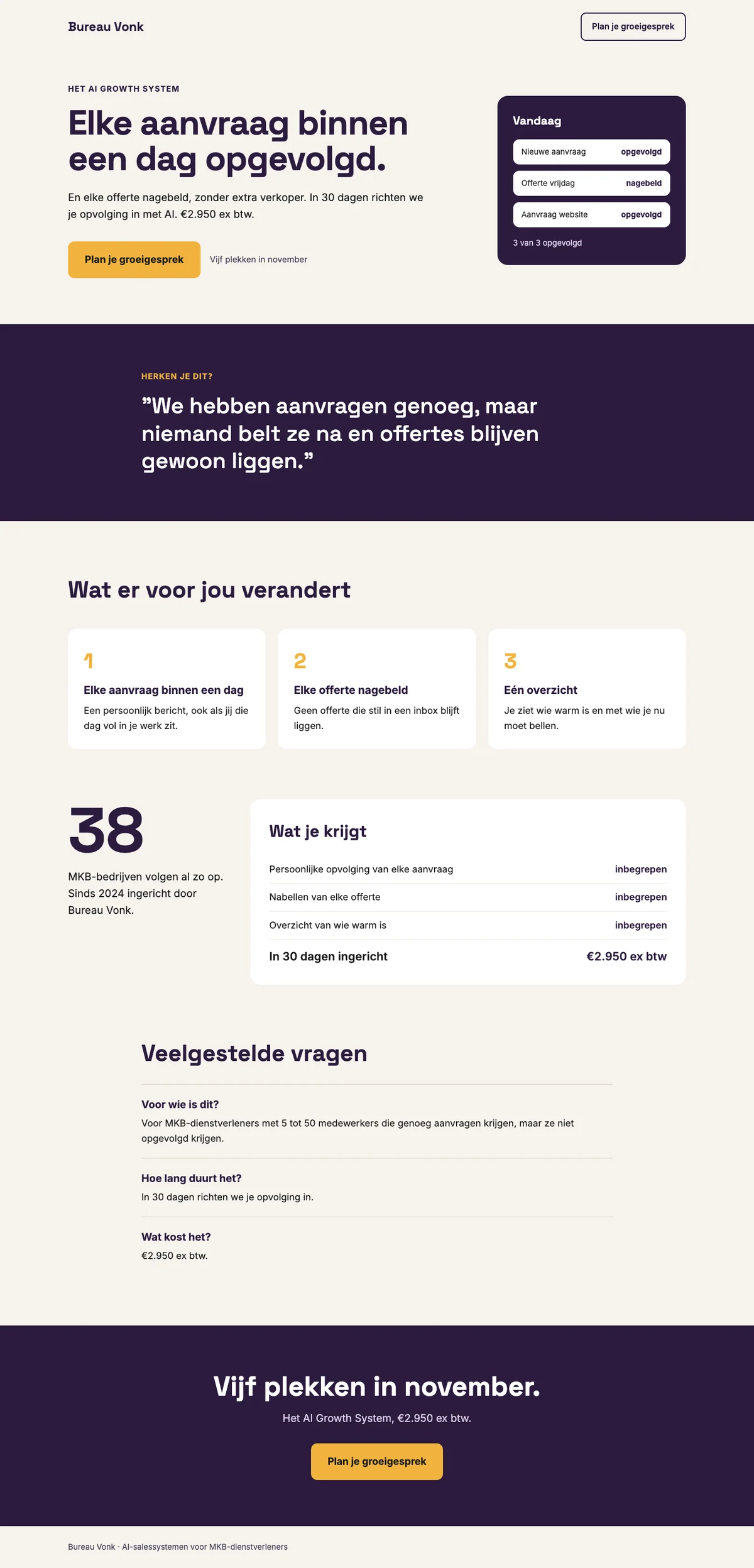 De landingspagina uit dezelfde briefing, met kop, knop, voordelen en prijs.